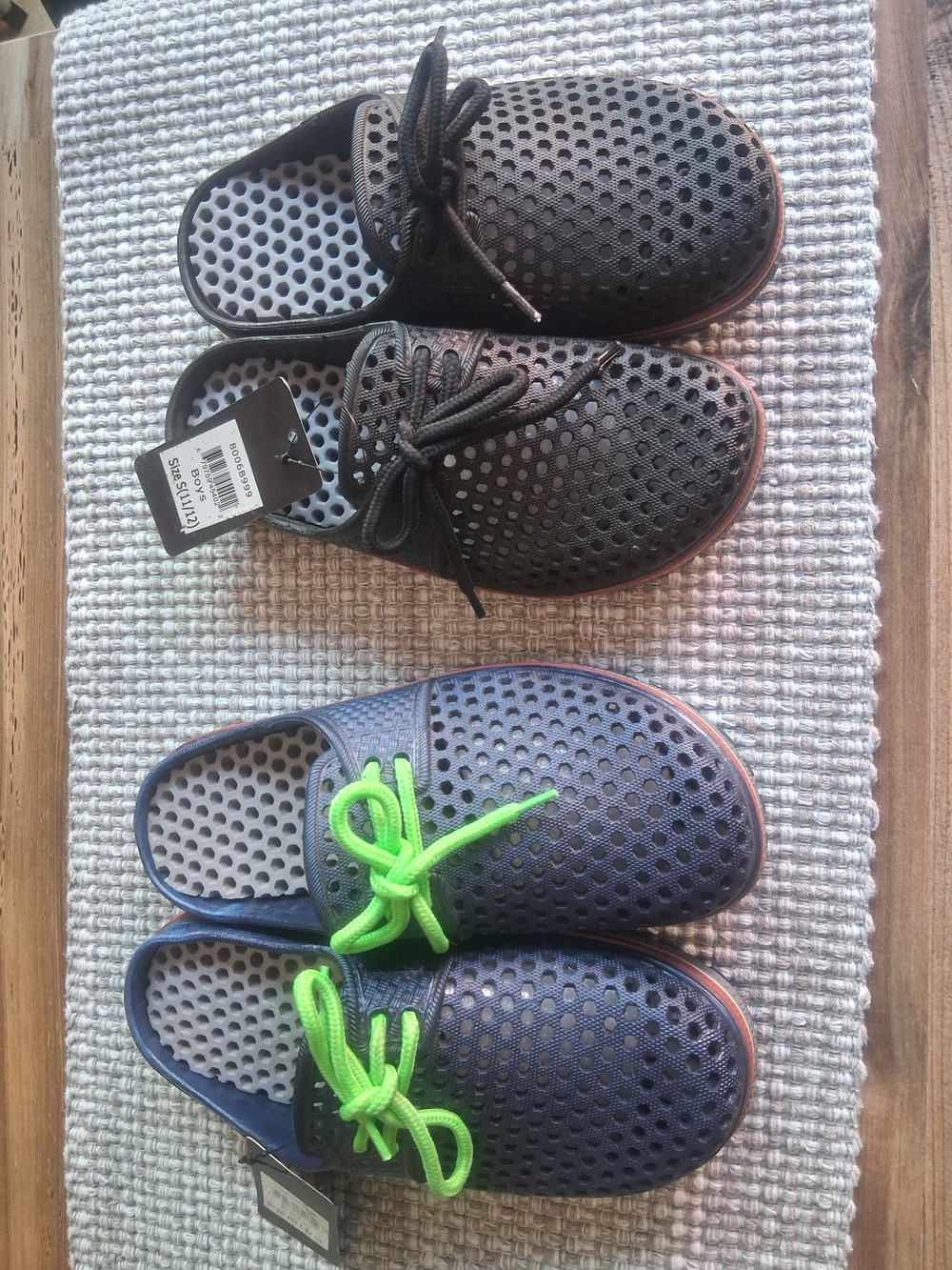 Kids Breathable Slip-On Sandal Clog - S Black and M Navy with Green Laces.